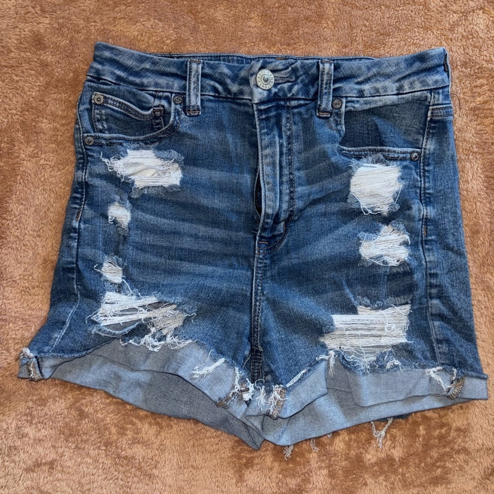 American Eagle Outfitters High Waisted Blue Distressed Jean Shorts Size 10